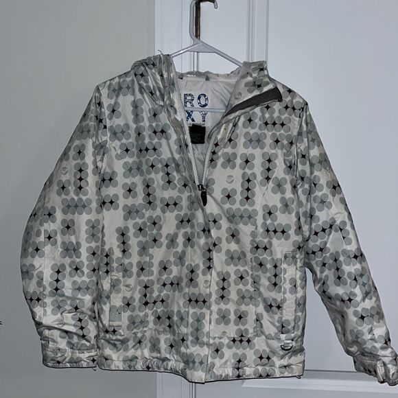 Roxy White Geometric girls youth ski snowboard cuffed hooded jacket XL
